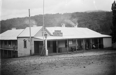 A digital copy of an early black and white photograph of Keppel's Australian Hotel in Marysville. The hotel was originally built and opened by the Keppel Family in 1865. The Keppel's Australian Hotel was the first hotel to be opened in Marysville. The Keppel Family were among Marysville's earliest pioneering families.