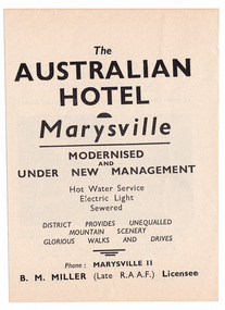 An advertisement for accommodation at The Australian Hotel in Marysville. The hotel was originally built and opened by the Keppel Family in 1865. The Keppel's Australian Hotel was the first hotel to be opened in Marysville. The Keppel Family were among Marysville's earliest pioneering families. 