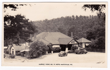 A black and white postcard of the Australian Hotel in Marysville that was produced by Murray Views as a souvenir of Marysville. The hotel was originally built and opened by the Keppel Family in 1865. The Keppel's Australian Hotel was the first hotel to be opened in Marysville. The Keppel Family were among Marysville's earliest pioneering families. 