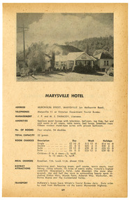An advertisement for the Marysville Hotel. The hotel was originally built and opened by the Keppel Family in 1865. The Keppel's Australian Hotel was the first hotel to be opened in Marysville. The Keppel Family were among Marysville's earliest pioneering families. 