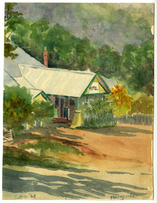 A small watercolour painting of the Marysville Hotel. The painting was painted by Cyril Crooks, a local man, in 1949.
