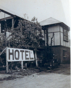 A digital copy of a black and white photograph of the Marysville Hotel in Marysville. The hotel was originally built and opened by the Keppel Family in 1865. The Keppel's Australian Hotel was the first hotel to be opened in Marysville. The Keppel Family were among Marysville's earliest pioneering families. 