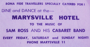 A colour photograph of an advertisement for a dinner dance that was held at the Marysville Hotel in January 1955. The advertisement was published in the Warburton Mail newspaper in January 1955.