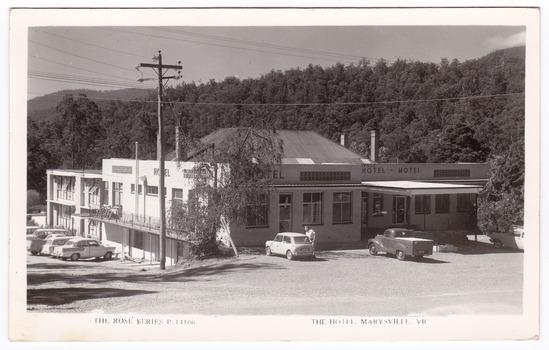 A black and white postcard of The Hotel Marysville in Marysville. The postcard was produced by the Rose Stereograph Company as a souvenir of Marysville. On the reverse is a hand written message.