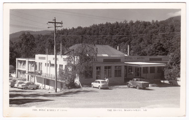 A black and white postcard of The Hotel Marysville in Marysville. The postcard was produced by the Rose Stereograph Company as a souvenir of Marysville. On the reverse is a hand written message.