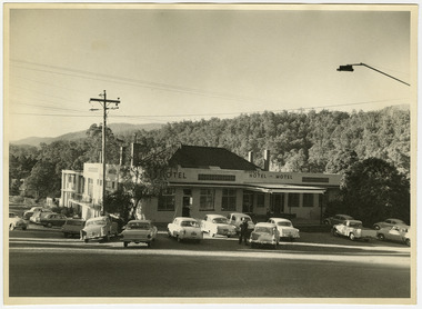 A black and white photograph of the Marysville Hotel Motel in Marysville. The photograph was possibly taken in the late 1960s.