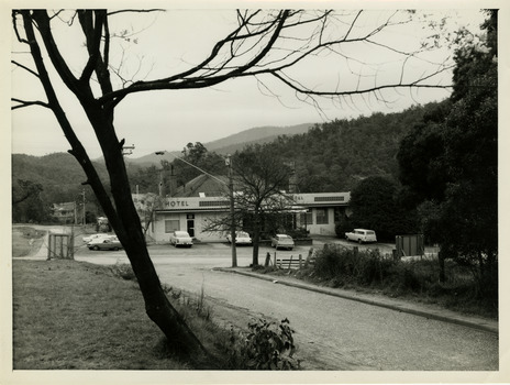 A black and white photograph of the Marysville Hotel Motel in Marysville. The photograph was taken in the early 1960s by Lloyd Hull, a local man.