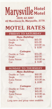 A list of tariffs for the various accommodation facilities available at the Marysville Hotel Motel in Marysville.