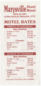 A list of tariffs for the various accommodation facilities available at the Marysville Hotel Motel in Marysville.