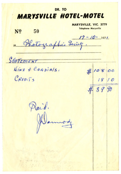 An invoice from the Marysville Hotel Motel to a Photographic Society for wine and cordials consumed at the hotel. The invoice is dated from 17th October 1971 and is signed as paid by Jim Darmody.