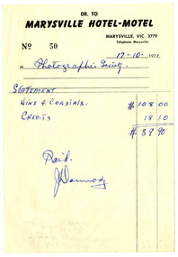 An invoice from the Marysville Hotel Motel to a Photographic Society for wine and cordials consumed at the hotel. The invoice is dated from 17th October 1971 and is signed as paid by Jim Darmody.