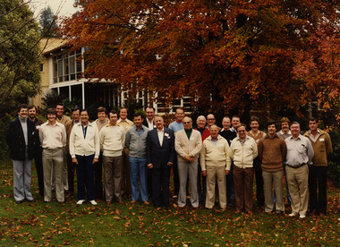 A colour photograph of General Motors Holden executives and staff who attended the first and only GM National conference to be held at the Marysville in May 1977. The venue was the Marysville Hotel.