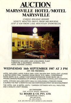 A flyer advertising the auction of the Marysville Hotel/Motel on Wednesday, 16th September 1987.