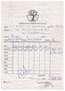 An invoice for accommodation for two adults at the Marysville Hotel Motel in Marysville. The invoice is dated 24th March 1990 and was for accommodation only.