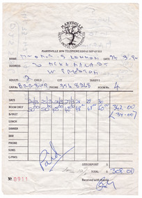 An invoice for accommodation for two adults at the Marysville Hotel Motel in Marysville. The invoice is dated 24th March 1990 and was for accommodation only.