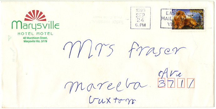 An envelope from the Marysville Hotel Motel that was sent to a Mrs Fraser of Buxton. The envelope has a date stamp of September 24 1996.