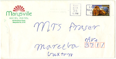 An envelope from the Marysville Hotel Motel that was sent to a Mrs Fraser of Buxton. The envelope has a date stamp of September 24 1996.