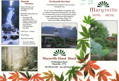 An information brochure regarding the accommodation and facilities availble at the Marysville Hotel Motel in Marysville.