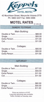 A tariff list for the various accommodation choices available at Keppels Hotel Motel in Marysville.