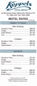 A tariff list for the various accommodation choices available at Keppels Hotel Motel in Marysville.