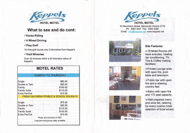 An information brochure regarding the various accommodation and facilities available at Keppels Hotel Motel in Marysville.