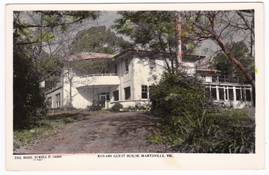 A colour postcard from Kerami Guest House in Marysville. This postcard was produced by the Rose Stereograph Company as a souvenir of Marysville. On the reverse is a hand written message.