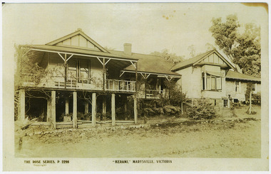 A black and white photograph of a postcard from Kerami guest house in Marysville. The original postcard was produced by the Rose Stereograph Company as a souvenir of Marysville.