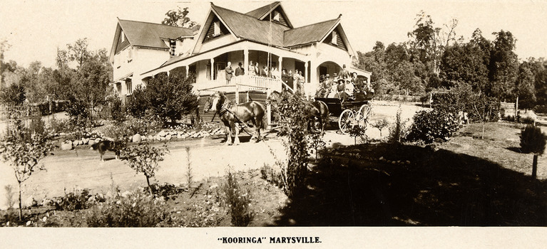 A digital copy of a black and white photograph of Kooringa in Marysville. Frederick Webb commissioned the Cuzens Brothers to build his private house, 'Kooringa' in Sedgewick Street, Marysville in 1914.