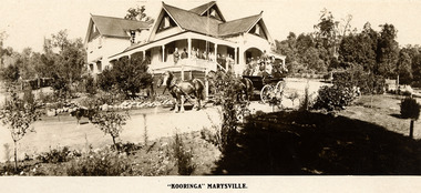 A digital copy of a black and white photograph of Kooringa in Marysville. Frederick Webb commissioned the Cuzens Brothers to build his private house, 'Kooringa' in Sedgewick Street, Marysville in 1914.