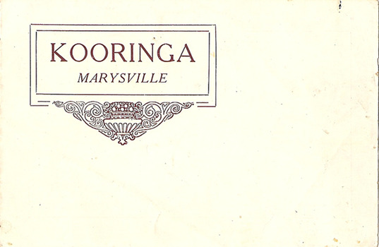 Four photographs of a promotional brochure for Kooringa guest house in Marysville. The original house was built in 1914 for Frederick Webb by the Cuzens Brothers. The original brochure was from the 1920s.