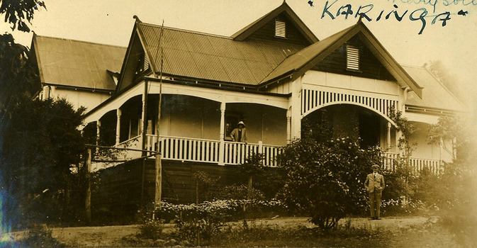 A copy of a black and white photograph of Arnold and Gladys Emandsen, guests who were staying at Kooringa guest house in Marysville. The original house was built in 1914 for Frederick Webb by the Cuzens Brothers. The original photograph was taken in 1934. 