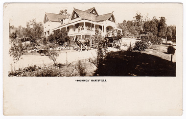 A black and white postcard from Kooringa Guesthouse in Marysville. The original house was built in 1914 for Frederick Webb by the Cuzens Brothers. The postcard was produced by "The Rose Stereographs" as a souvenir of Marysville. On the reverse of the postcard is a space to write a message and an address and to place a postage stamp. The postcard is unused.