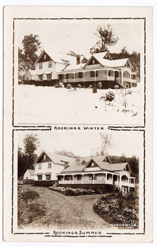 A black and white postcard from Kooringa Guesthouse in Marysville. The postcard was published by "The Rose Stereographs" as a souvenir of Marysville. On the reverse of the postcard is a hand written message and a postage stamp.
