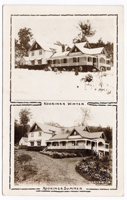 A black and white postcard from Kooringa Guesthouse in Marysville. The postcard was published by "The Rose Stereographs" as a souvenir of Marysville. On the reverse of the postcard is a hand written message and a postage stamp.