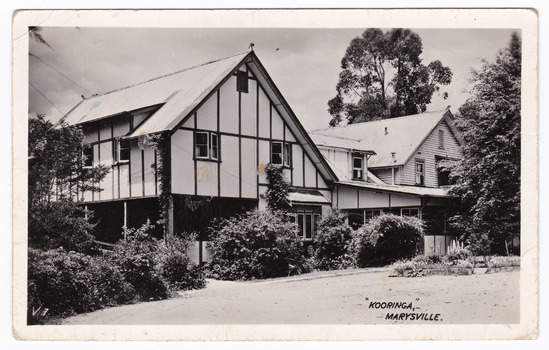 A black and white postcard from Kooringa Guesthouse in Marysville. The original house was built in 1914 for Frederick Webb by the Cuzens Brothers. The postcard was produced by Valentine's as a souvenir of Marysville.