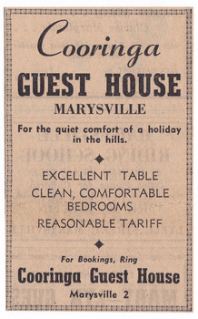 An advertisement for Kooringa Guest House in Marysville that has been cut out from a newspaper. The name Kooringa has been spelt incorrectly. The original house was built in 1914 for Frederick Webb by the Cuzens Brothers.