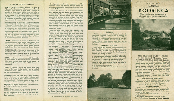 An information brochure regarding the accommodation and facilities available at Kooringa Guest House in Marysville. The brochure was produced by R.A.C.V. The original house was built in 1914 for Frederick Webb by the Cuzens Brothers.