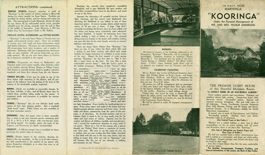An information brochure regarding the accommodation and facilities available at Kooringa Guest House in Marysville. The brochure was produced by R.A.C.V. The original house was built in 1914 for Frederick Webb by the Cuzens Brothers.