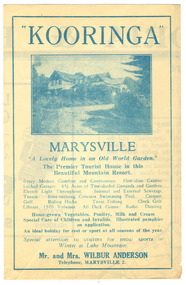 An advertisement for Kooringa Guest House in Marysville that was removed from an accommodation booklet. The original house was built in 1914 for Frederick Webb by the Cuzens Brothers.