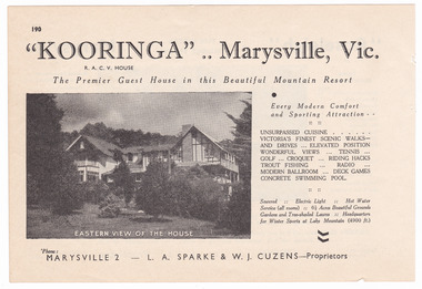An advertisement for Kooringa Guest House in Marysville which was taken from a Broadbent's accommodation guide. The original house was built in 1914 for Frederick Webb by the Cuzens Brothers.