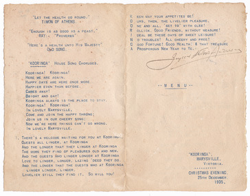 A menu from Kooringa Guest House in Marysville. The menu is for Christmas dinner on the evening of December 25th 1935. The original house was built in 1914 for Frederick Webb by the Cuzens Brothers.