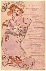 A colour photograph of a hand drawn menu from Kooringa Guest House in Marysville. This menu is dated 19th May 1937. There were hundreds of menus created by Wilbur Anderson and some were related to special days (ie St. Patrick's Day, the Melbourne Cup, etc.) with the dishes reflecting this. Unfortunately, the entire collection of original menus was lost in the 2009 Black Saturday bushfires.