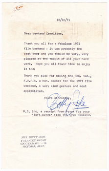 A letter of thanks to a Weekend Committee that had organised a film weekend that was held at Kooringa Guest House in Marysville. The letter is dated 18th October 1971 and was written by a Mrs Betty Jope.