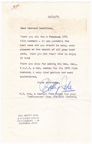 A letter of thanks to a Weekend Committee that had organised a film weekend that was held at Kooringa Guest House in Marysville. The letter is dated 18th October 1971 and was written by a Mrs Betty Jope.