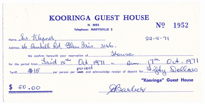 A receipt for the deposit for accommodation and the use of facilities for a film weekend that was held at Kooringa Guest House in October 1971.