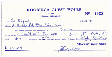 A receipt for the deposit for accommodation and the use of facilities for a film weekend that was held at Kooringa Guest House in October 1971.