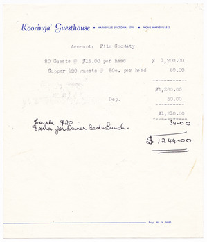 An account for meals eaten during a film weekend which was held at Kooringa Guest House in Marysville. The film weekend was held in October 1971.