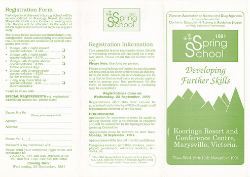 A brochure outlining the program for a conference held at Kooringa Resort and Conference Centre in Marysville in November 1991. The conference was held by the Victorian Association of Alcohol and Drug Agencies in association with the Centre for Education & Training in Addiction Studies at Phillip Institute of Technology.