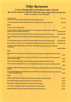 A dinner menu from Tulips Restaurant which was located in Kooringa Resort and Conference Centre in Marysville. On the reverse of the menu is a small town map showing the location of the restaurant.