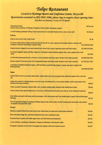 A dinner menu from Tulips Restaurant which was located in Kooringa Resort and Conference Centre in Marysville. On the reverse of the menu is a small town map showing the location of the restaurant.